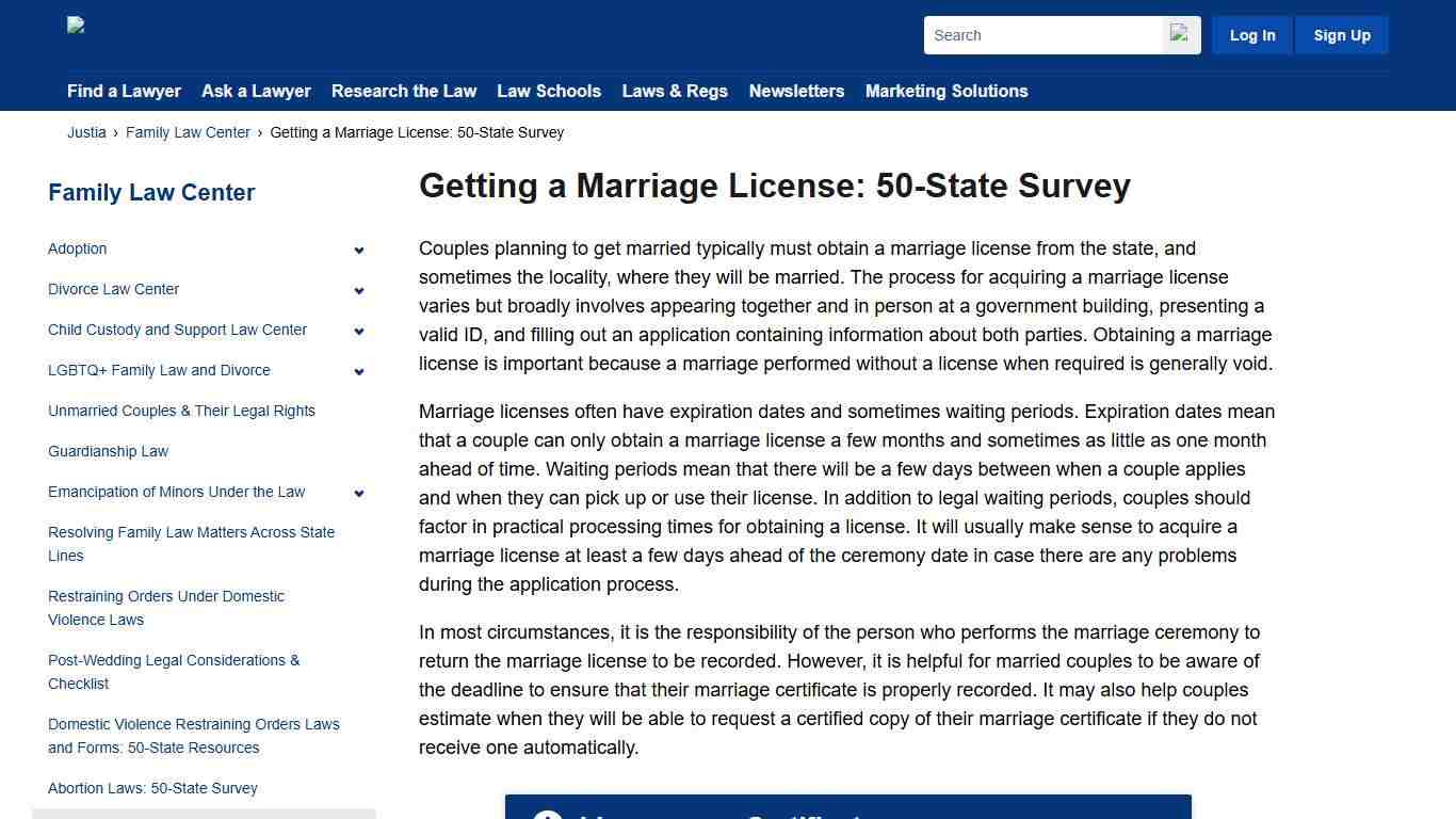 Getting a Marriage License: 50-State Survey | Family Law Center | Justia